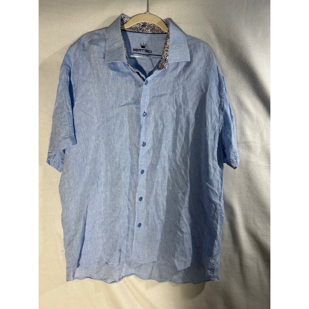 Bertigo Mens XL Linen Shirt Light Blue Short Sleeve Button Down Casual